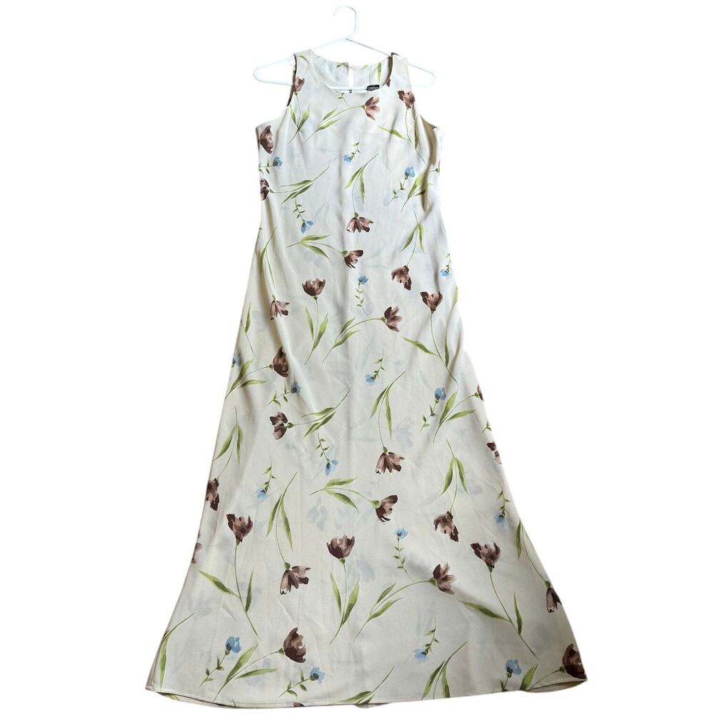 Vintage 90s Sleeveless Cream Floral Maxi Dress Size L Feminine Romantic Boho